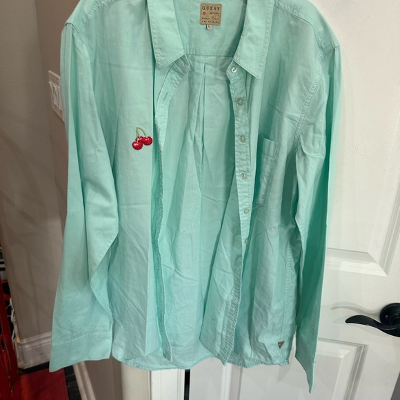 Guess Aqua Button-Up Shirt with Cherry Patch - Picture 1 of 2